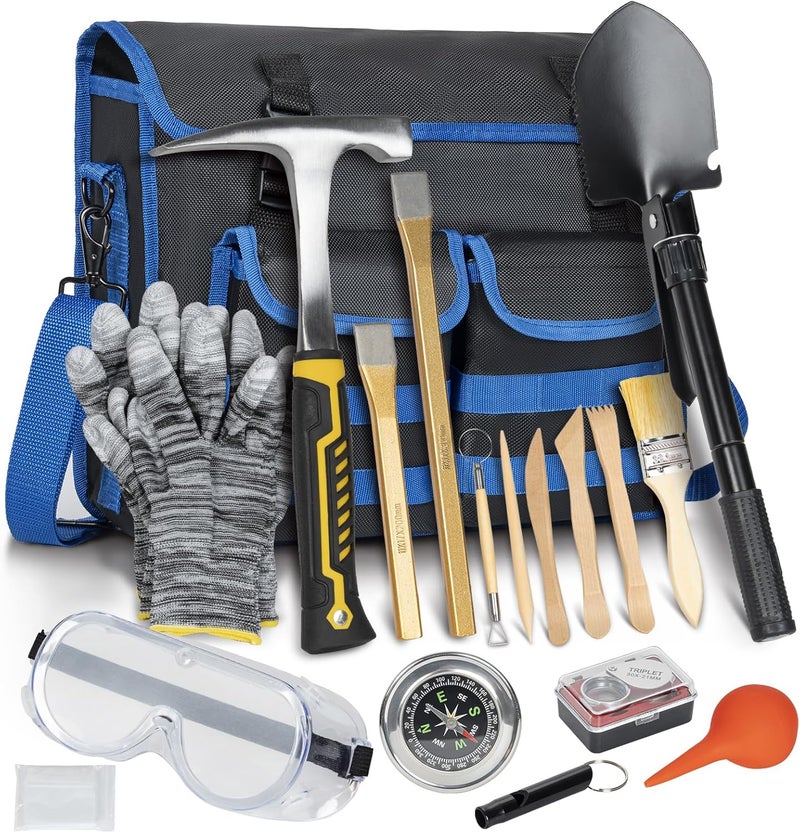 LASUK 28PCS Geology Rock Pick Hammer Kit, Gold Mining & Prospecting Equipment Tool, including 32oz Hammer, Shovel, Wooden Chisel, Magnifying Glass, Plastic Bags, Whistle, Goggles, Compass - Image 1